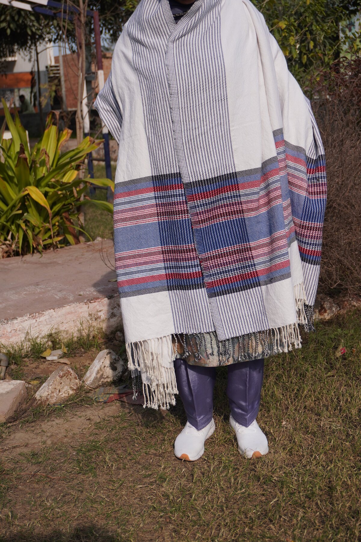 A woven shawl draped